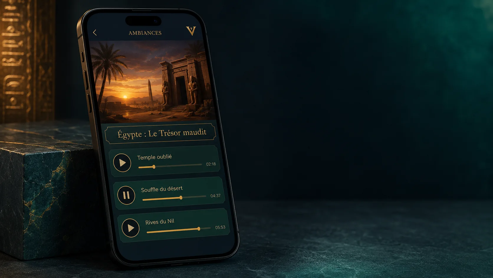 Illustration d'intention de l'application compagnon VORDYS affichant des ambiances pour l'Aventure Égypte