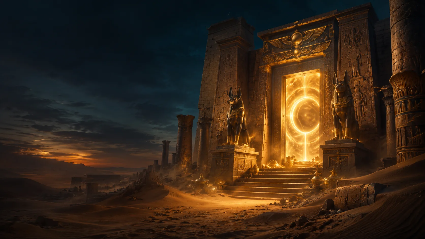 Porte monumentale d'un temple égyptien illuminée dans le désert
