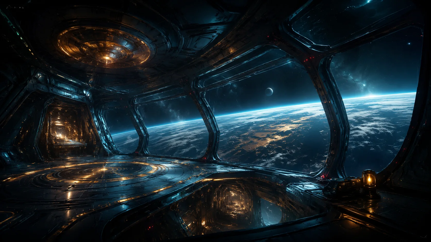Intérieur d'une station spatiale endommagée, avec vue sur une planète