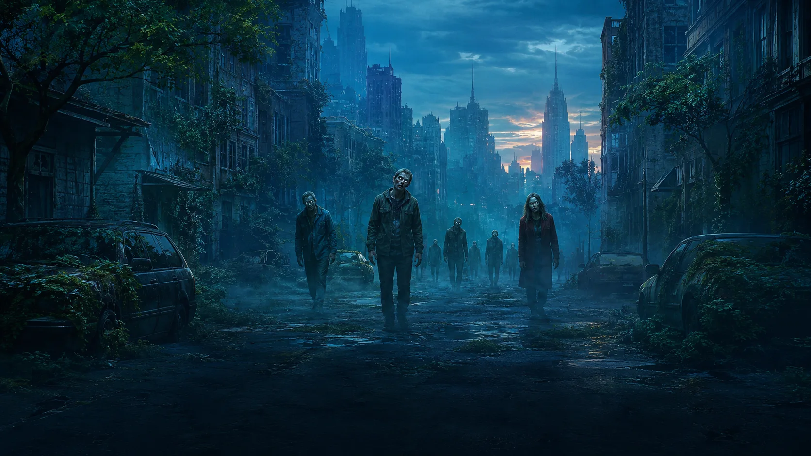 Horde de zombies avançant dans une ville abandonnée et envahie par la végétation